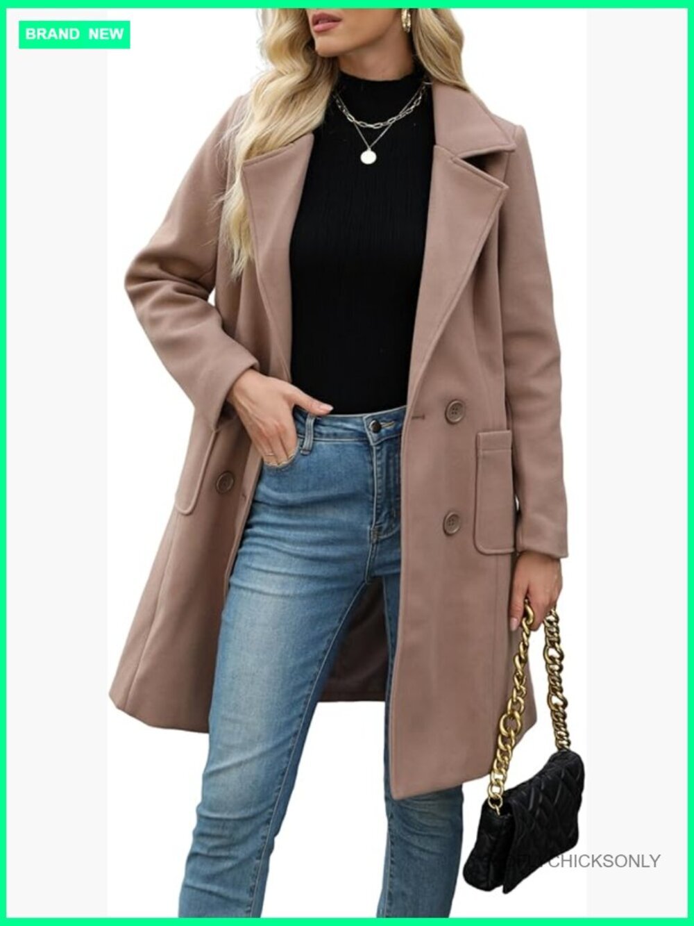 Wool Blend Double-Breasted Pea Coat Notch Lapel Winter Coat
